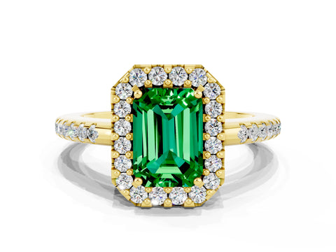Yellow gold Emerald Cut Emerald Pavé Halo Ring with Four-Prong Setting_12