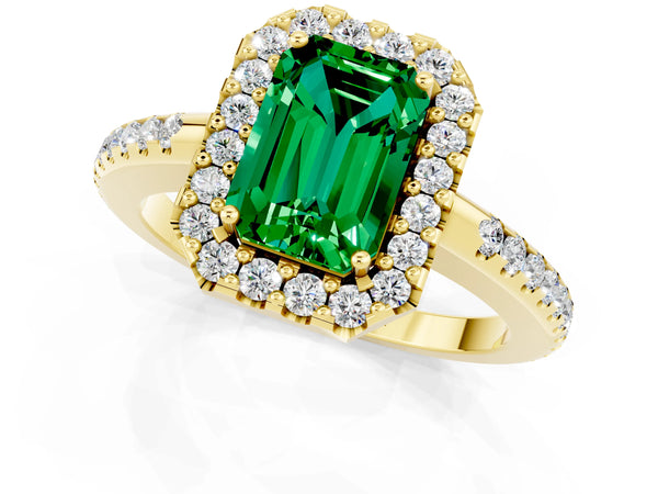 Yellow gold Emerald Cut Emerald Pavé Halo Ring with Four-Prong Setting