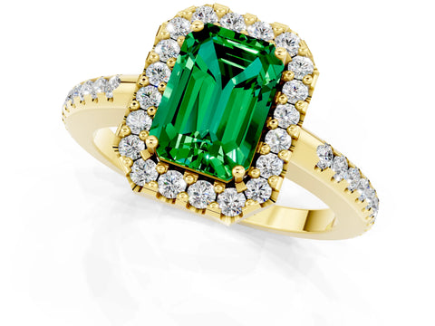 Yellow gold Emerald Cut Emerald Pavé Halo Ring with Four-Prong Setting_13