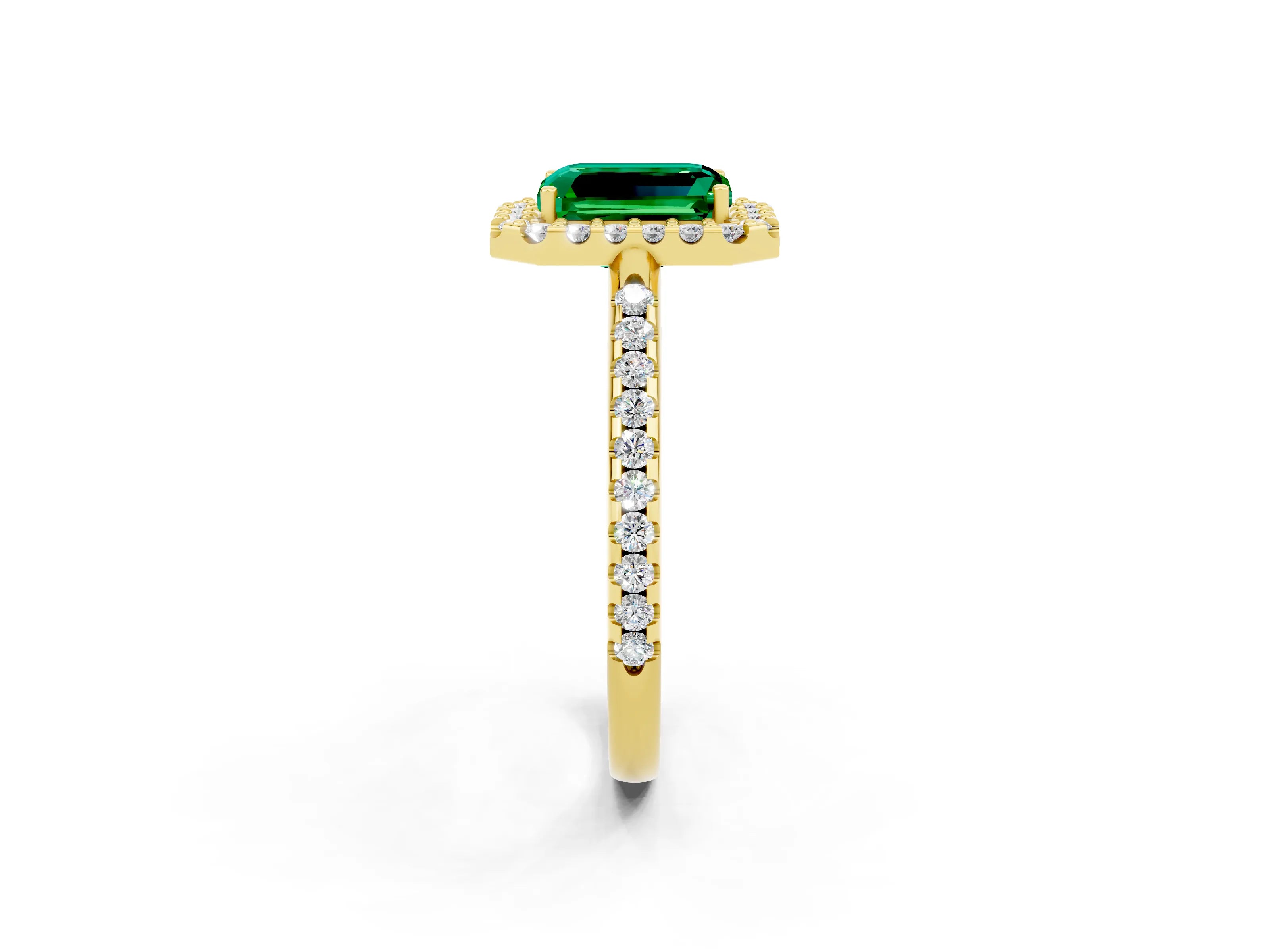 Yellow gold Emerald Cut Emerald Pavé Halo Ring with Four-Prong Setting_14