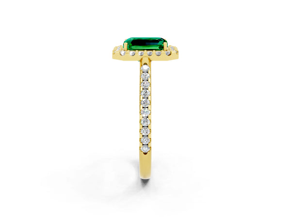 Yellow gold Emerald Cut Emerald Pavé Halo Ring with Four-Prong Setting
