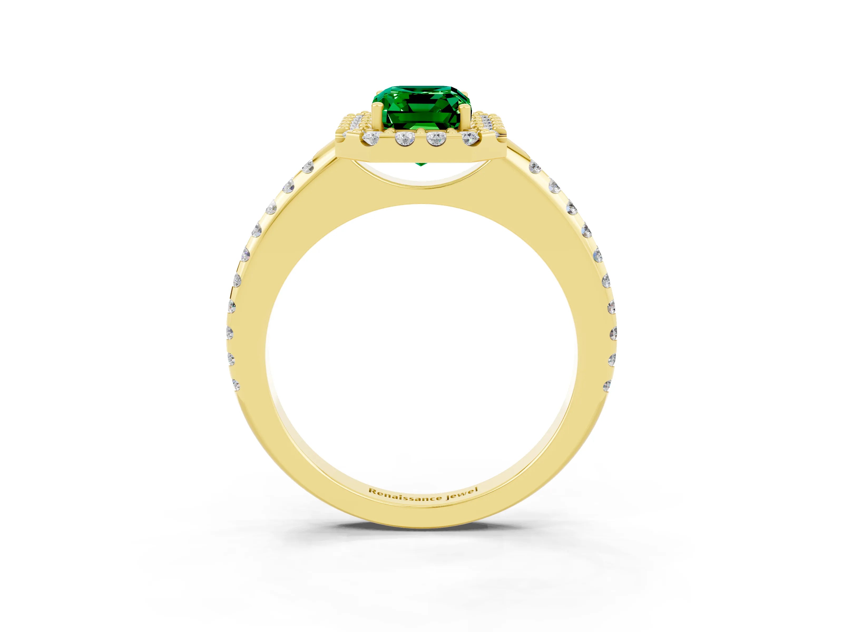 Yellow gold Emerald Cut Emerald Pavé Halo Ring with Four-Prong Setting_15