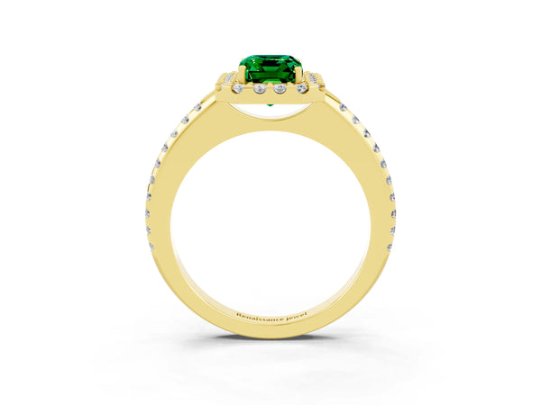 Yellow gold Emerald Cut Emerald Pavé Halo Ring with Four-Prong Setting