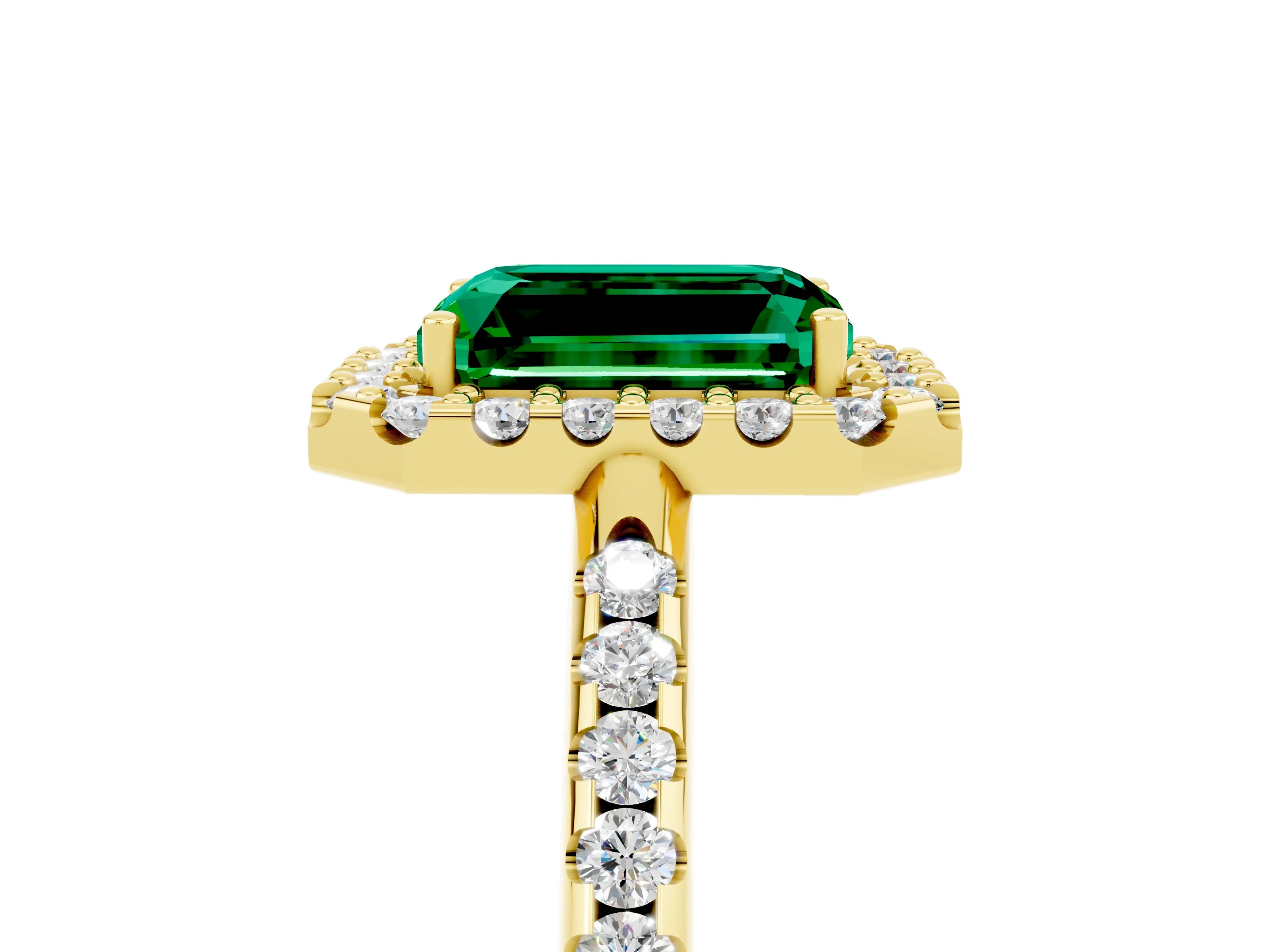 Yellow gold Emerald Cut Emerald Pavé Halo Ring with Four-Prong Setting_17