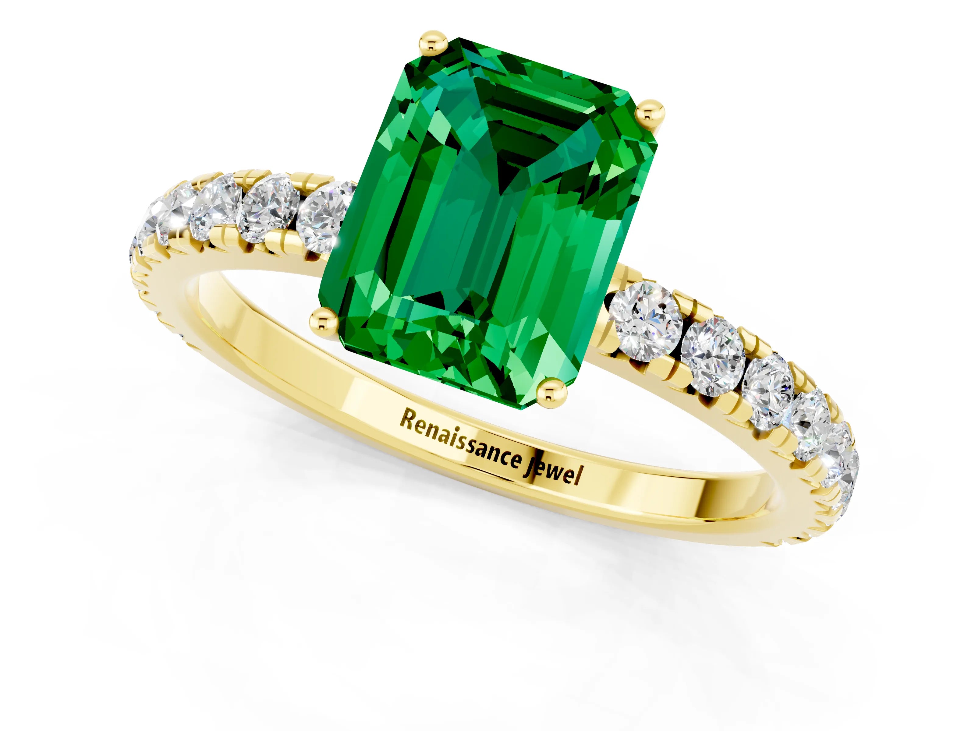 Yellow gold Emerald Cut Emerald Pavé Solitaire Engagement Ring with Four-Prong Setting_13