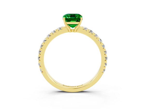 Yellow gold Emerald Cut Emerald Pavé Solitaire Engagement Ring with Four-Prong Setting