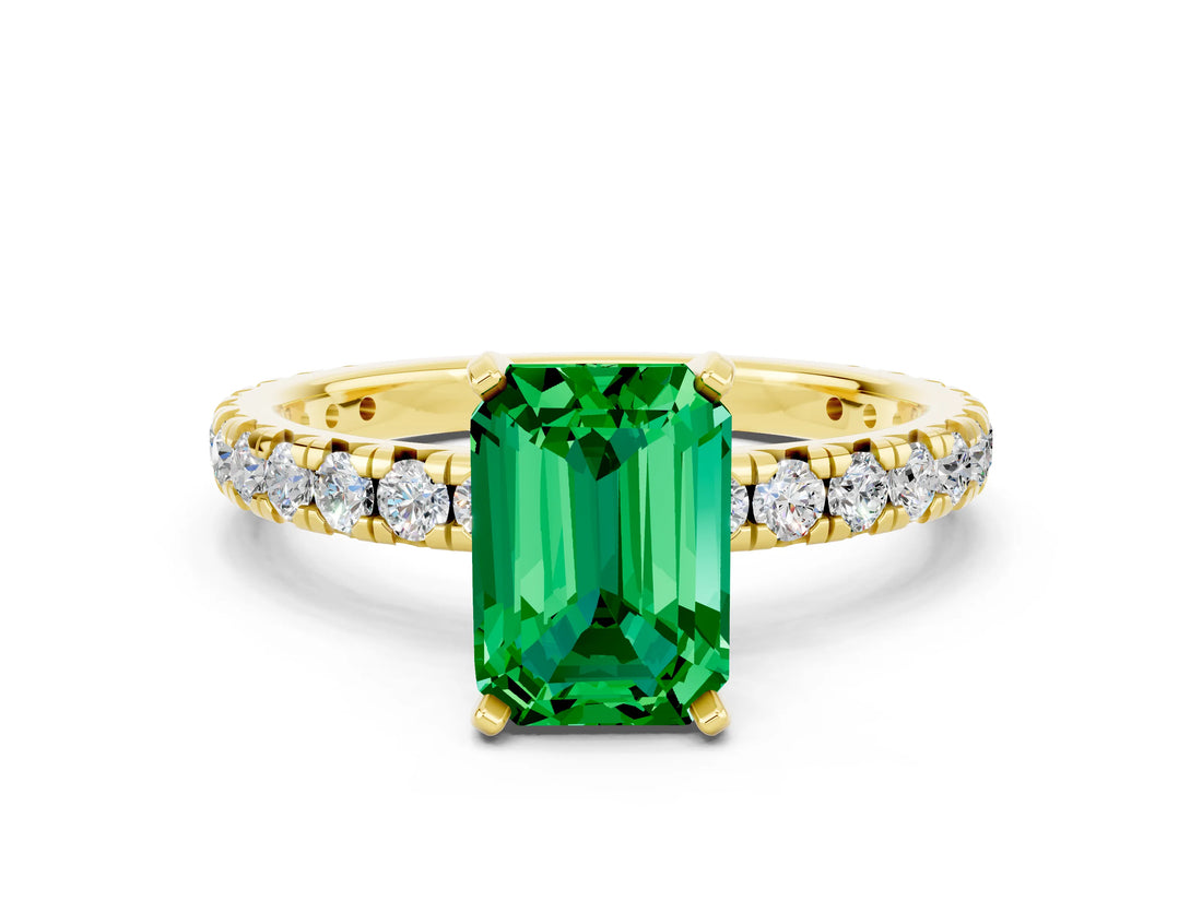 Yellow gold Emerald Cut Emerald Pavé Solitaire Ring with Round Band and Prong Setting_24