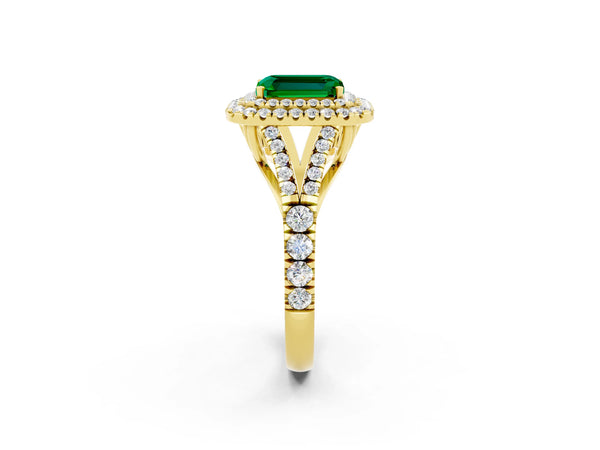 Yellow gold Emerald Cut Emerald Pavé Split Shank Double Halo Engagement Ring