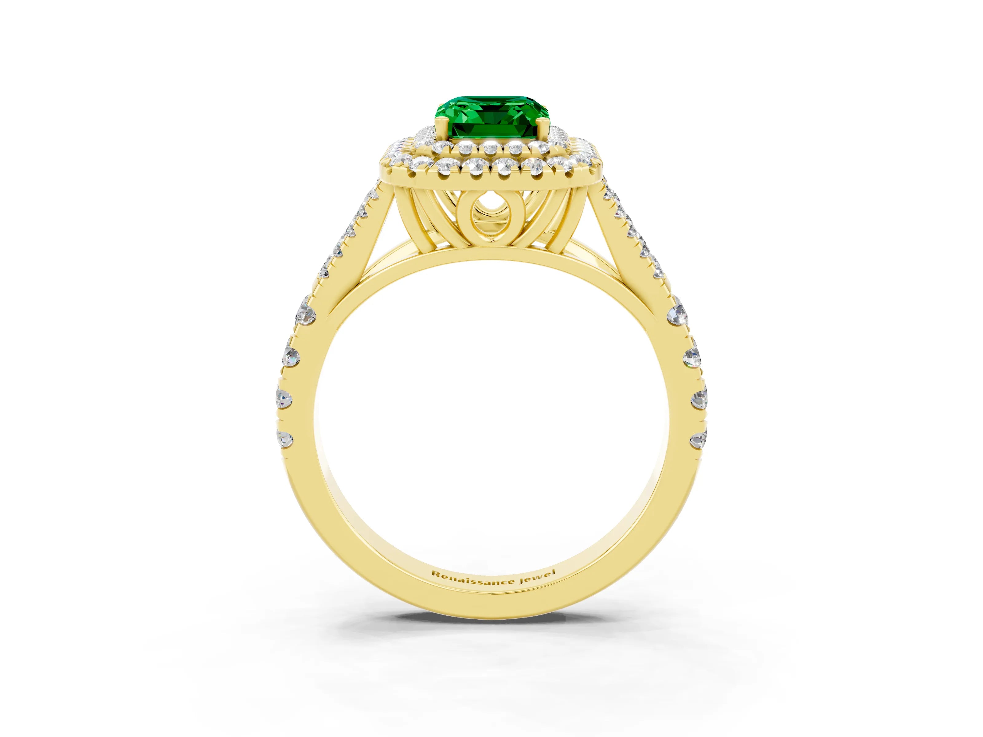 Yellow gold Emerald Cut Emerald Pavé Split Shank Double Halo Engagement Ring_3