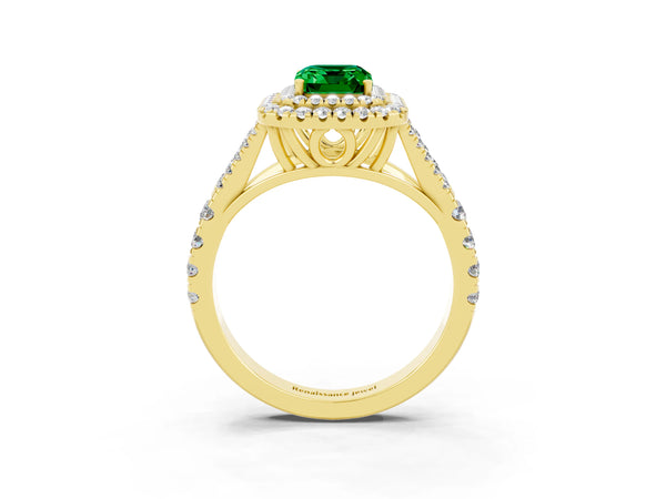 Yellow gold Emerald Cut Emerald Pavé Split Shank Double Halo Engagement Ring