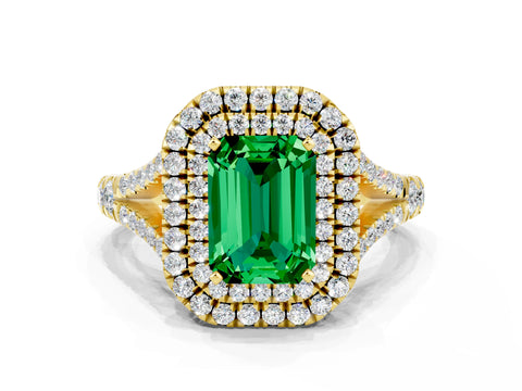 Yellow gold Emerald Cut Emerald Pavé Split Shank Double Halo Engagement Ring
