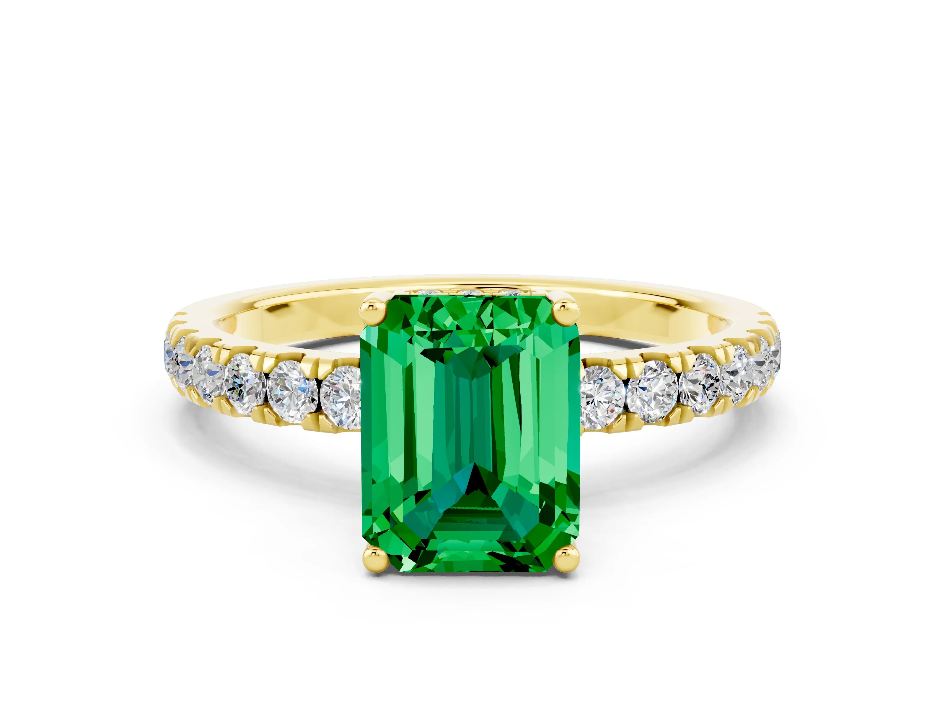 Yellow gold Emerald Cut Emerald Pave Band Solitaire Ring with Four-Prong Setting_24