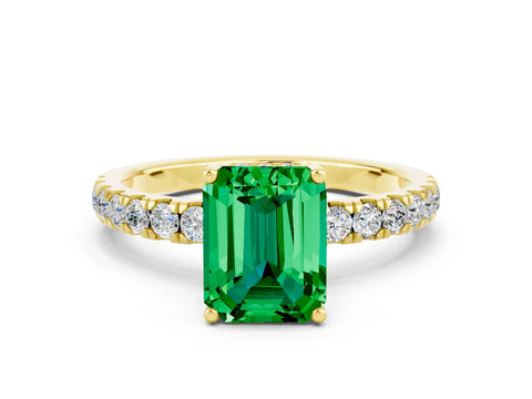 Yellow gold Emerald Cut Emerald Pave Band Solitaire Ring with Four-Prong Setting_24