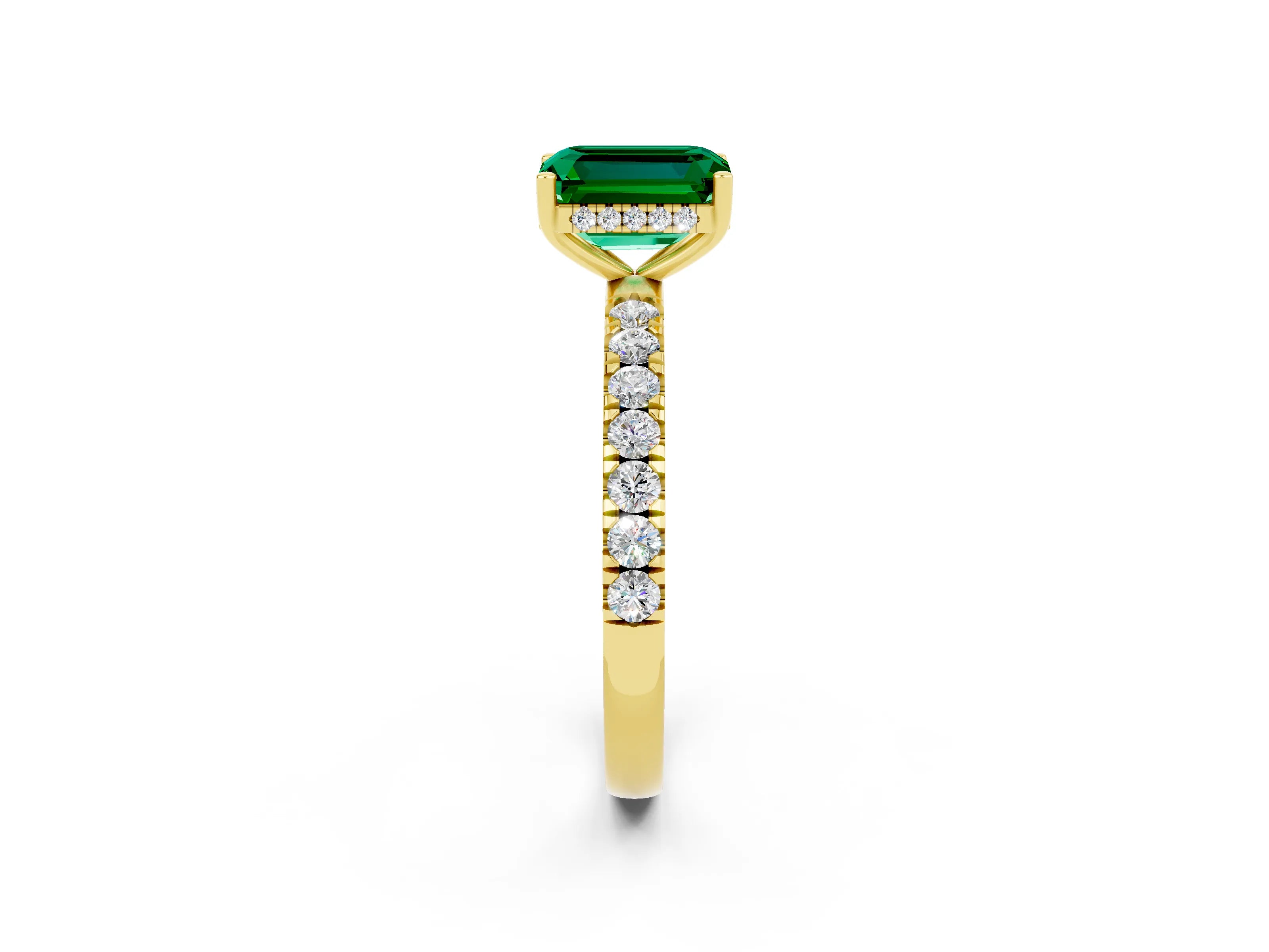 Yellow gold Emerald Cut Emerald Pave Band Solitaire Ring with Four-Prong Setting_26