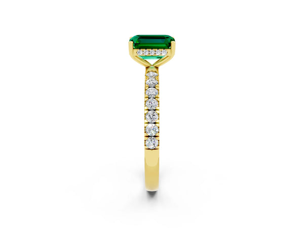 Yellow gold Emerald Cut Emerald Pave Band Solitaire Ring with Round  and Prong Setting