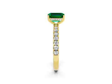 Yellow gold Emerald Cut Emerald Pave Band Solitaire Ring with Four-Prong Setting_26