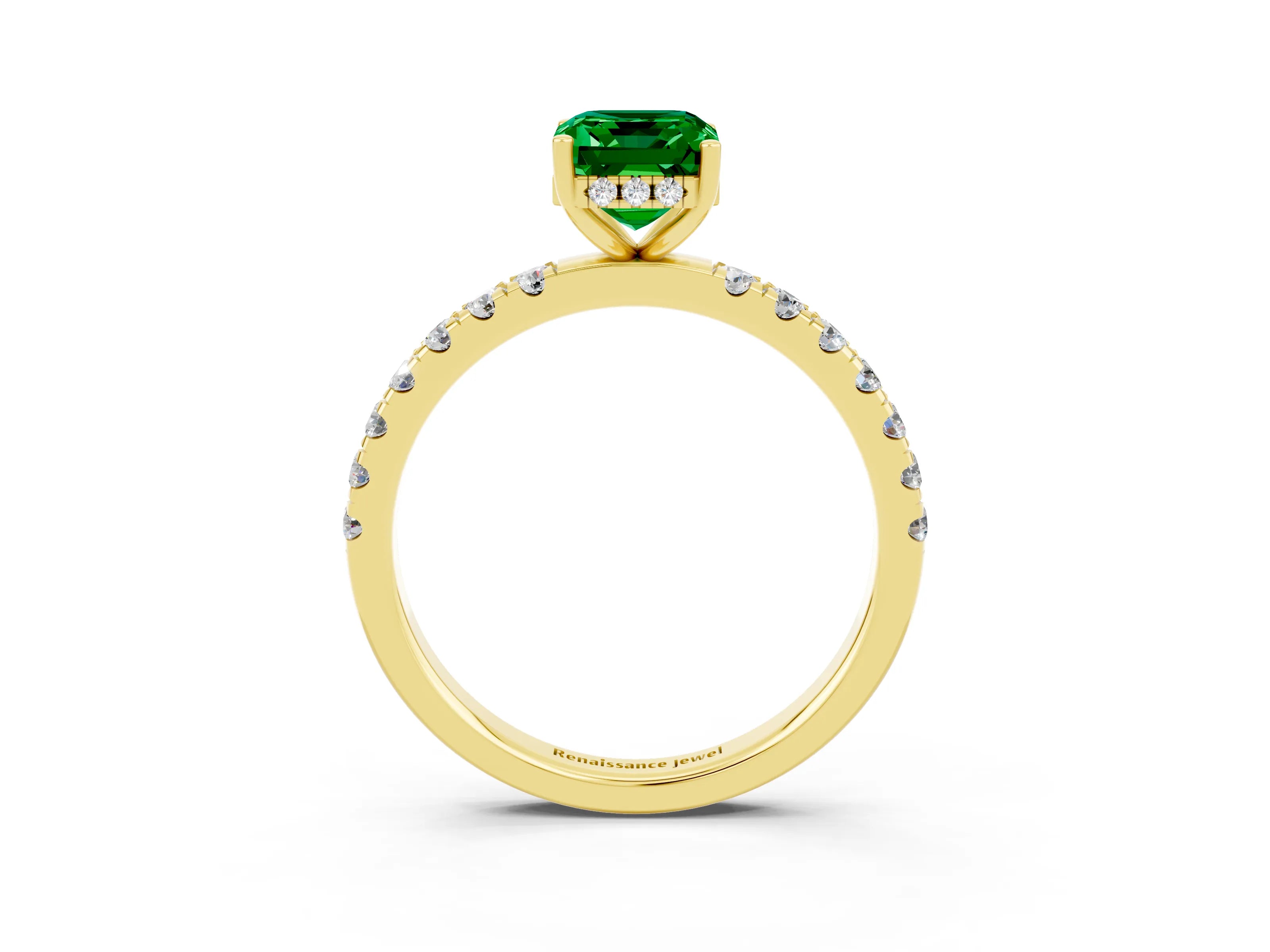 Yellow gold Emerald Cut Emerald Pave Band Solitaire Ring with Four-Prong Setting_27