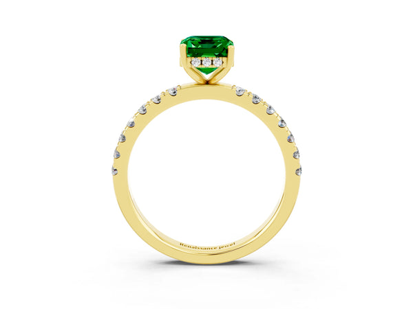 Yellow gold Emerald Cut Emerald Pave Band Solitaire Ring with Round  and Prong Setting