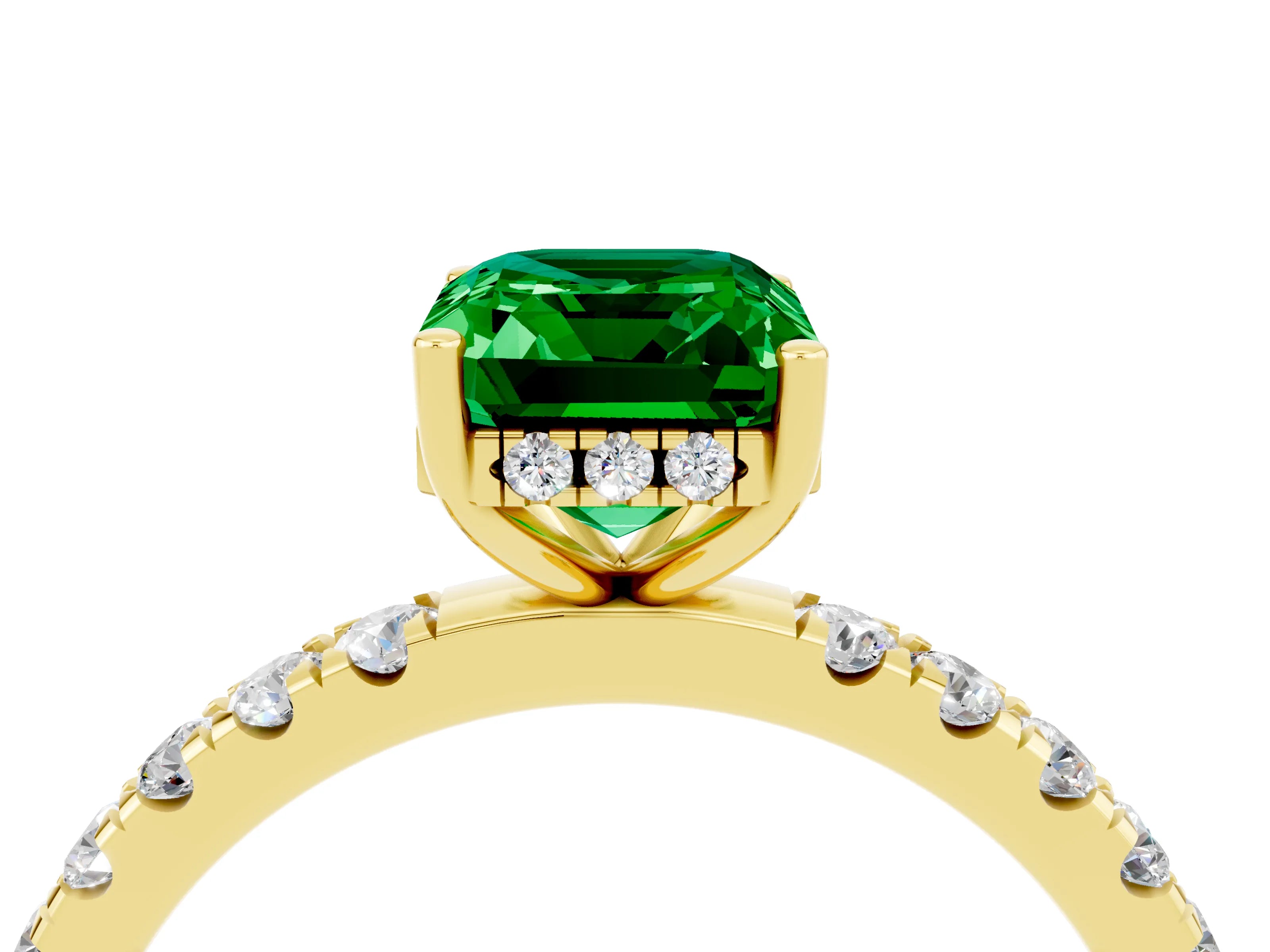 Yellow gold Emerald Cut Emerald Pave Band Solitaire Ring with Four-Prong Setting_28