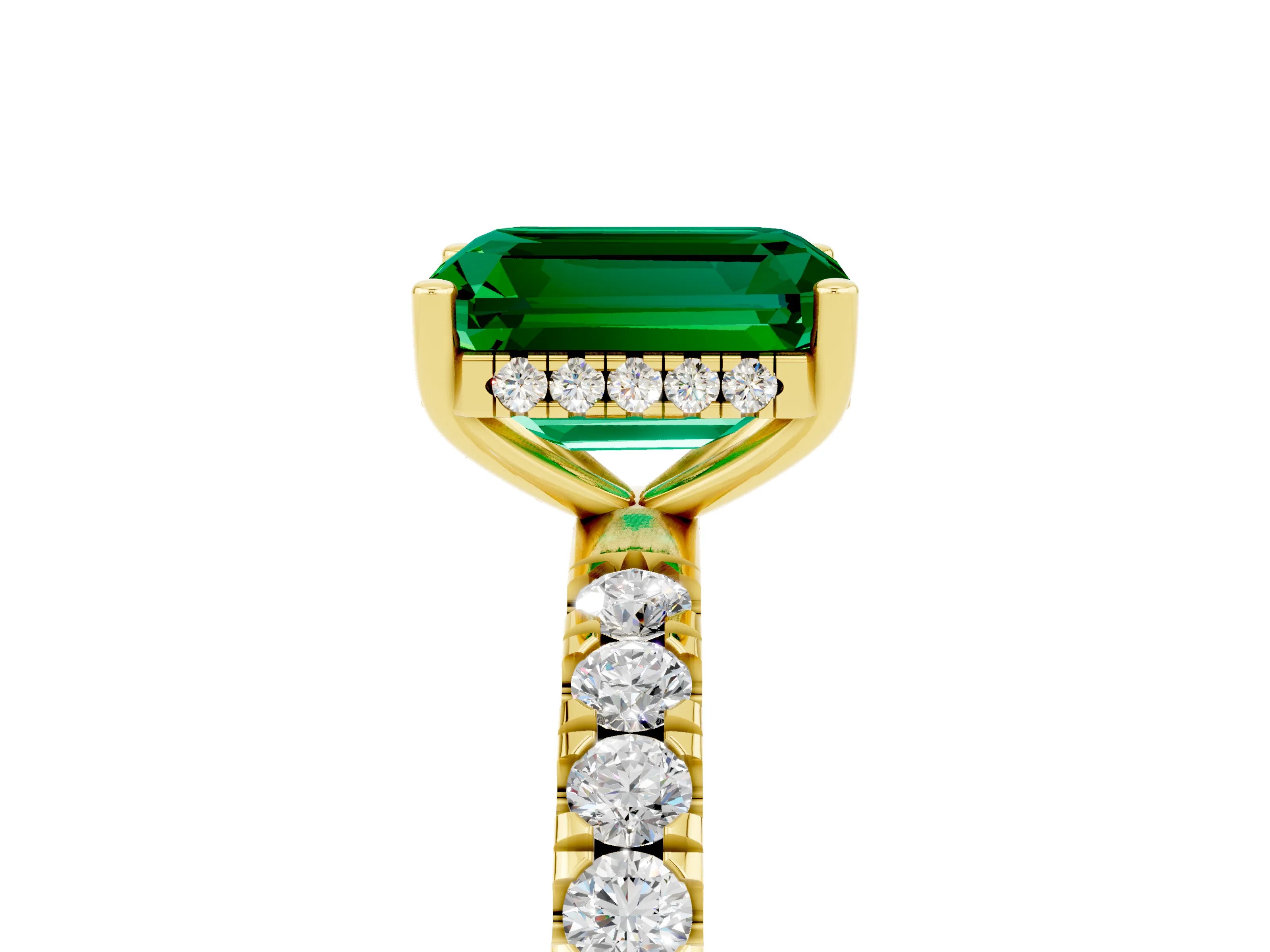 Yellow gold Emerald Cut Emerald Pave Band Solitaire Ring with Four-Prong Setting_29