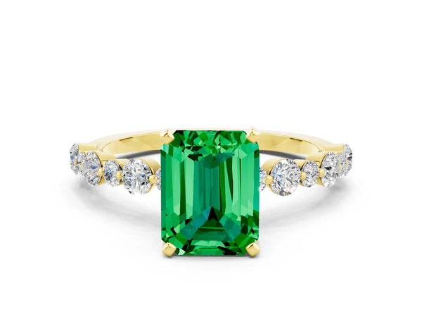 Yellow gold Emerald Cut Emerald Prong Set Engagement Ring with Pavé Band
