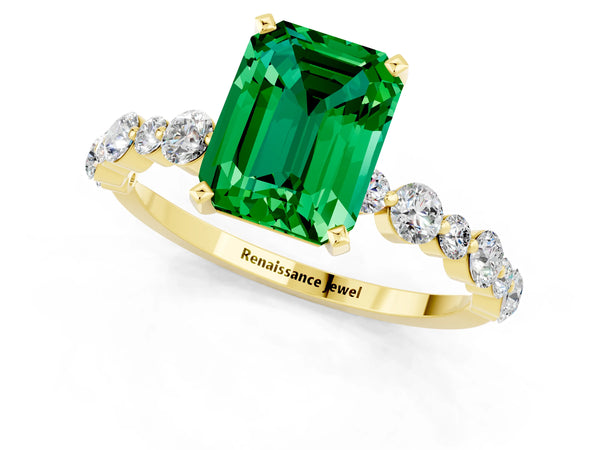 Yellow gold Emerald Cut Emerald Prong Set Engagement Ring with Pavé Band
