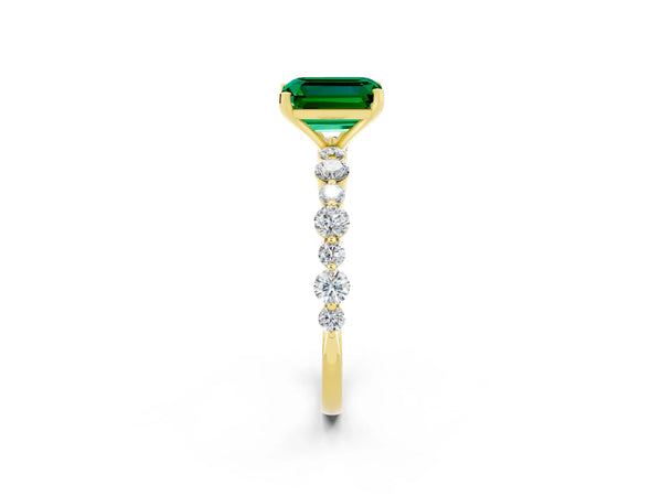 Yellow gold Emerald Cut Emerald Prong Set Engagement Ring with Pavé Band
