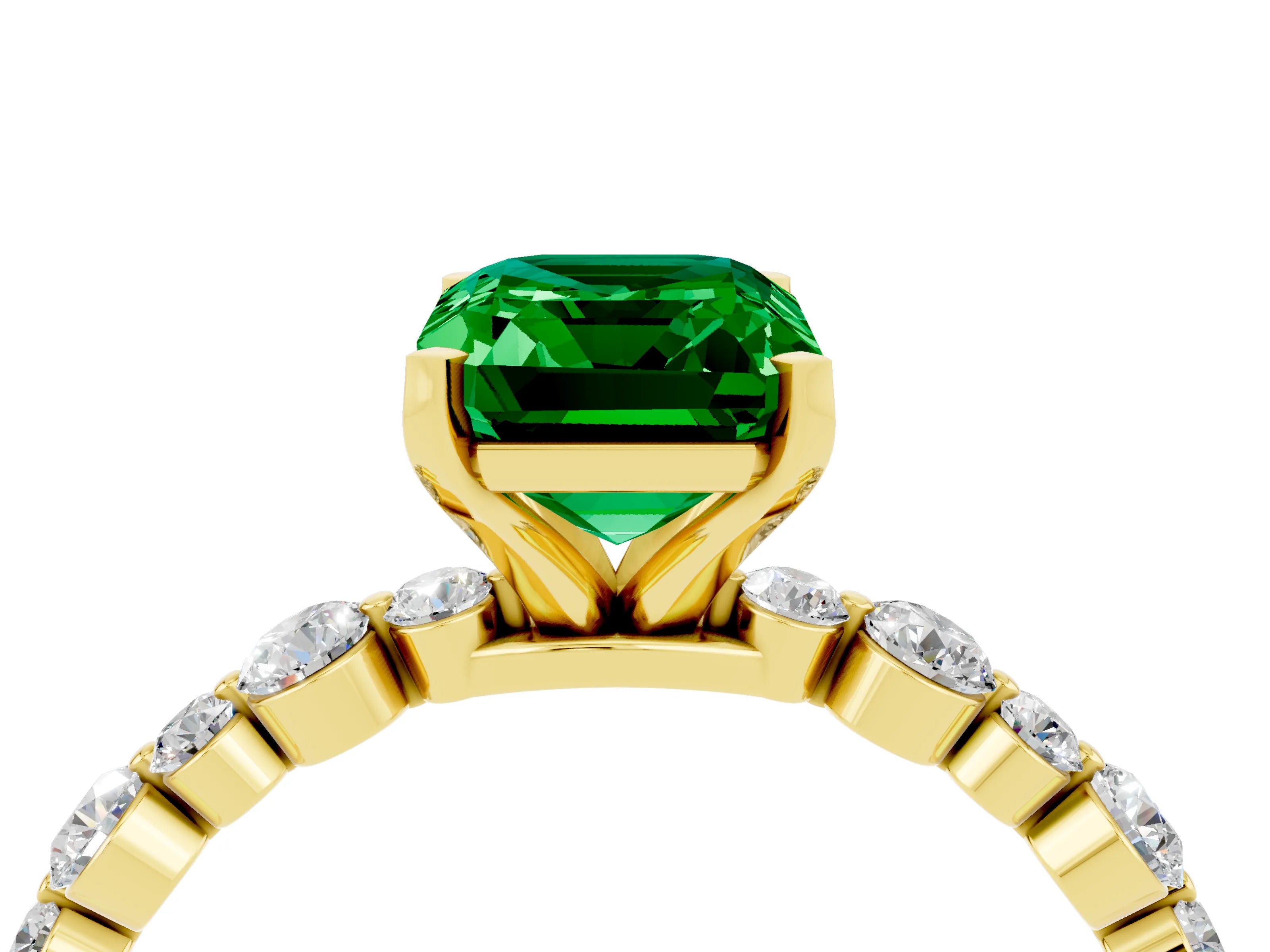 Yellow gold Emerald Cut Emerald Prong Set Engagement Ring with Pavé Band_4