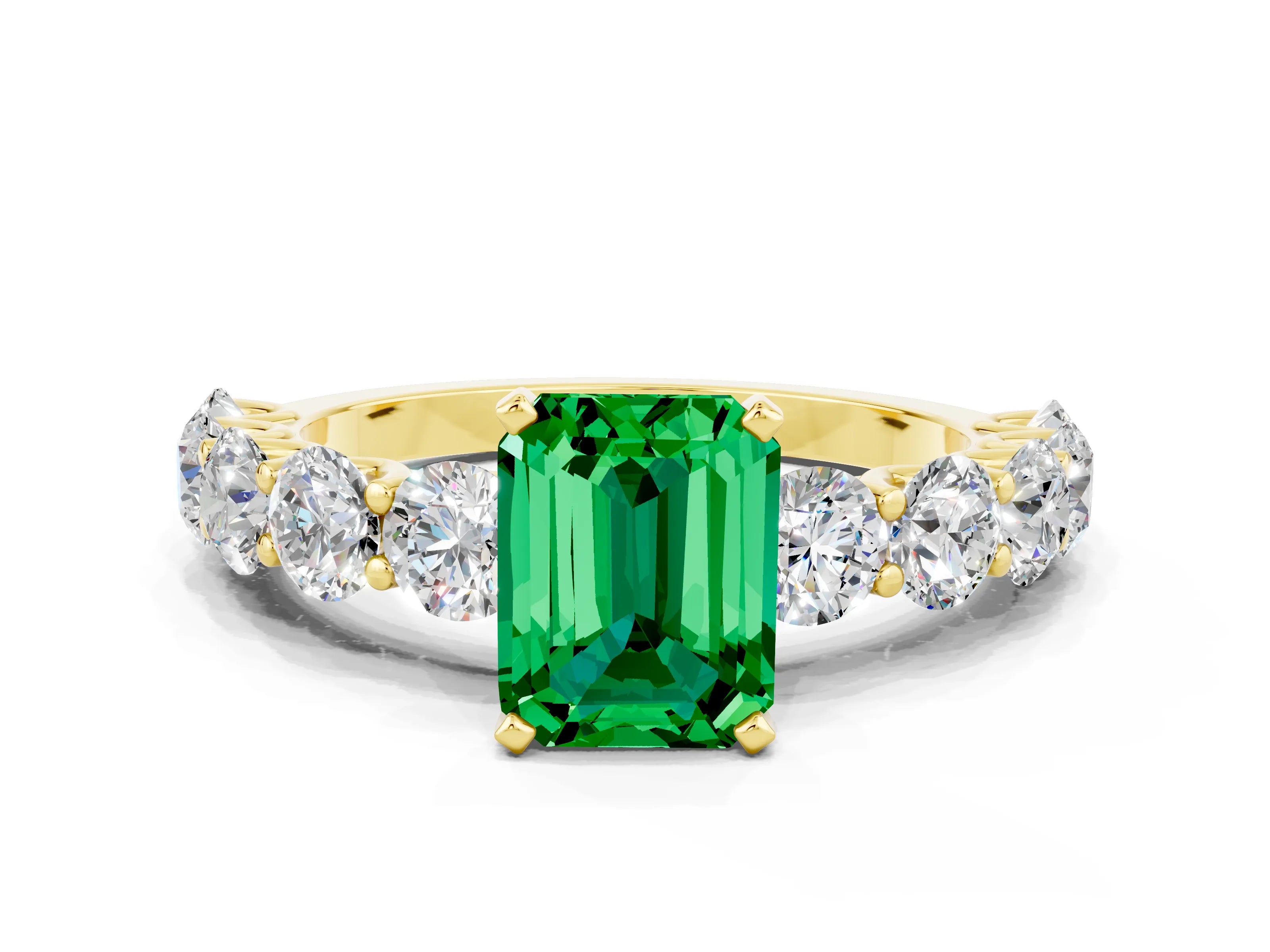 Yellow gold Emerald Cut Emerald Prong Setting with Side Stones on a Pave Band