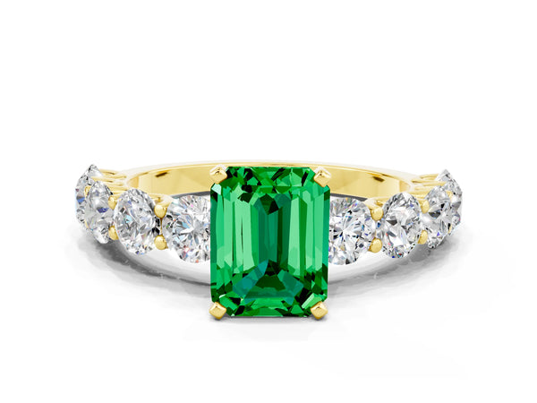 Yellow gold Emerald Cut Emerald Prong Setting with Side Stones on a Pave Band