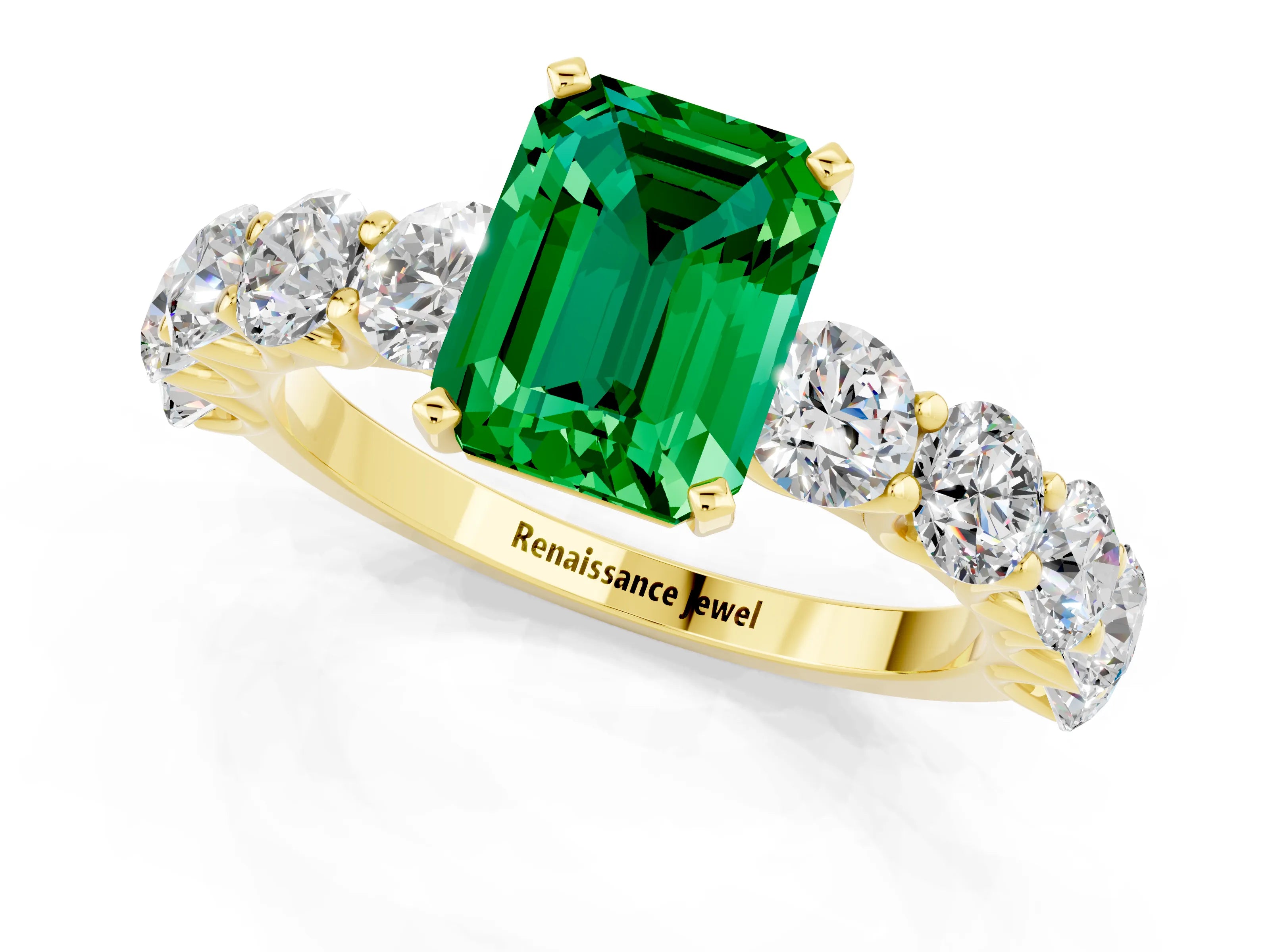 Yellow gold Emerald Cut Emerald Prong Setting with Side Stones on a Pave Band_1