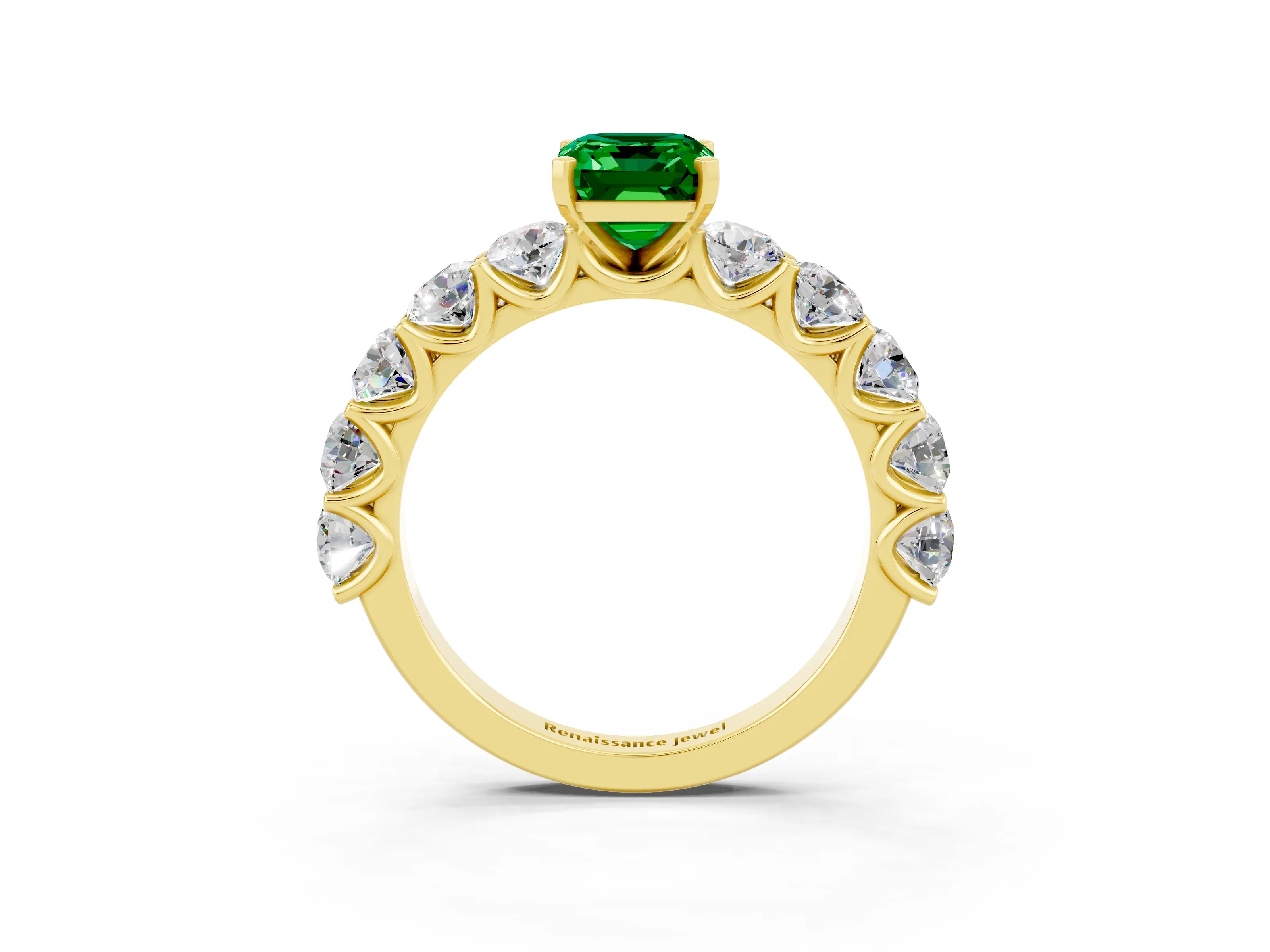 Yellow gold Emerald Cut Emerald Prong Setting with Side Stones on a Pave Band_3