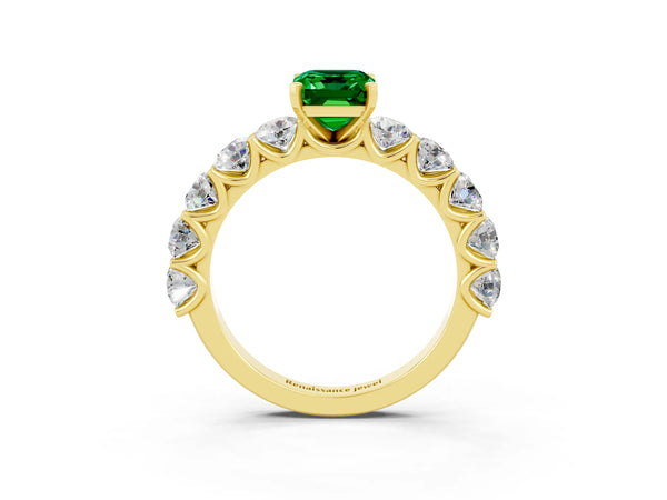 Yellow gold Emerald Cut Emerald Prong Setting with Side Stones on a Pave Band
