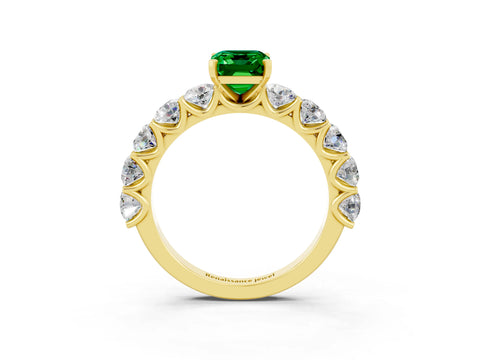 Yellow gold Emerald Cut Emerald Prong Setting with Side Stones on a Pave Band_3