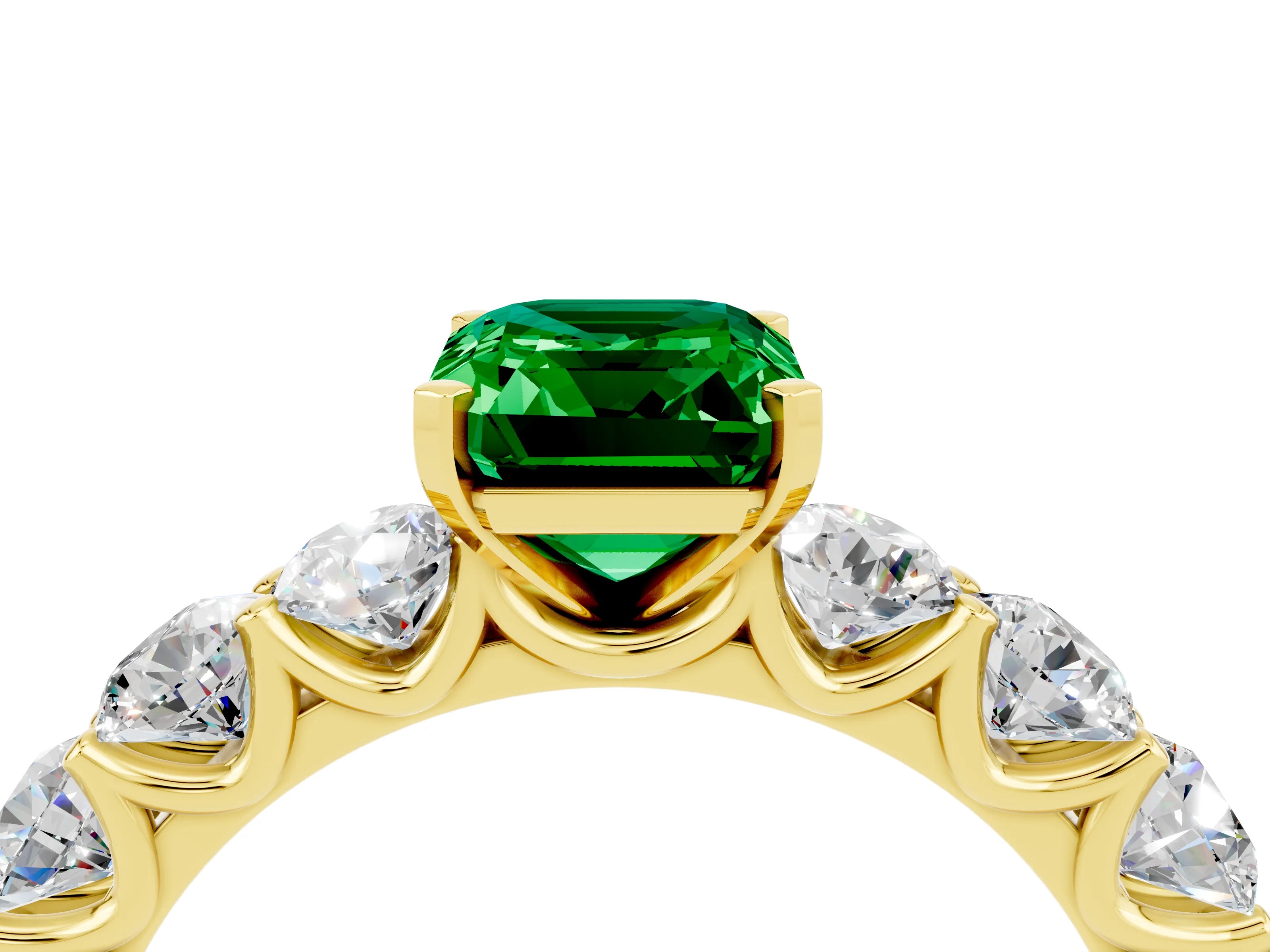 Yellow gold Emerald Cut Emerald Prong Setting with Side Stones on a Pave Band_4