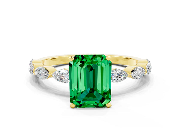Yellow gold Emerald Cut Emerald Ring with Marquise Side Stones and Prong Setting