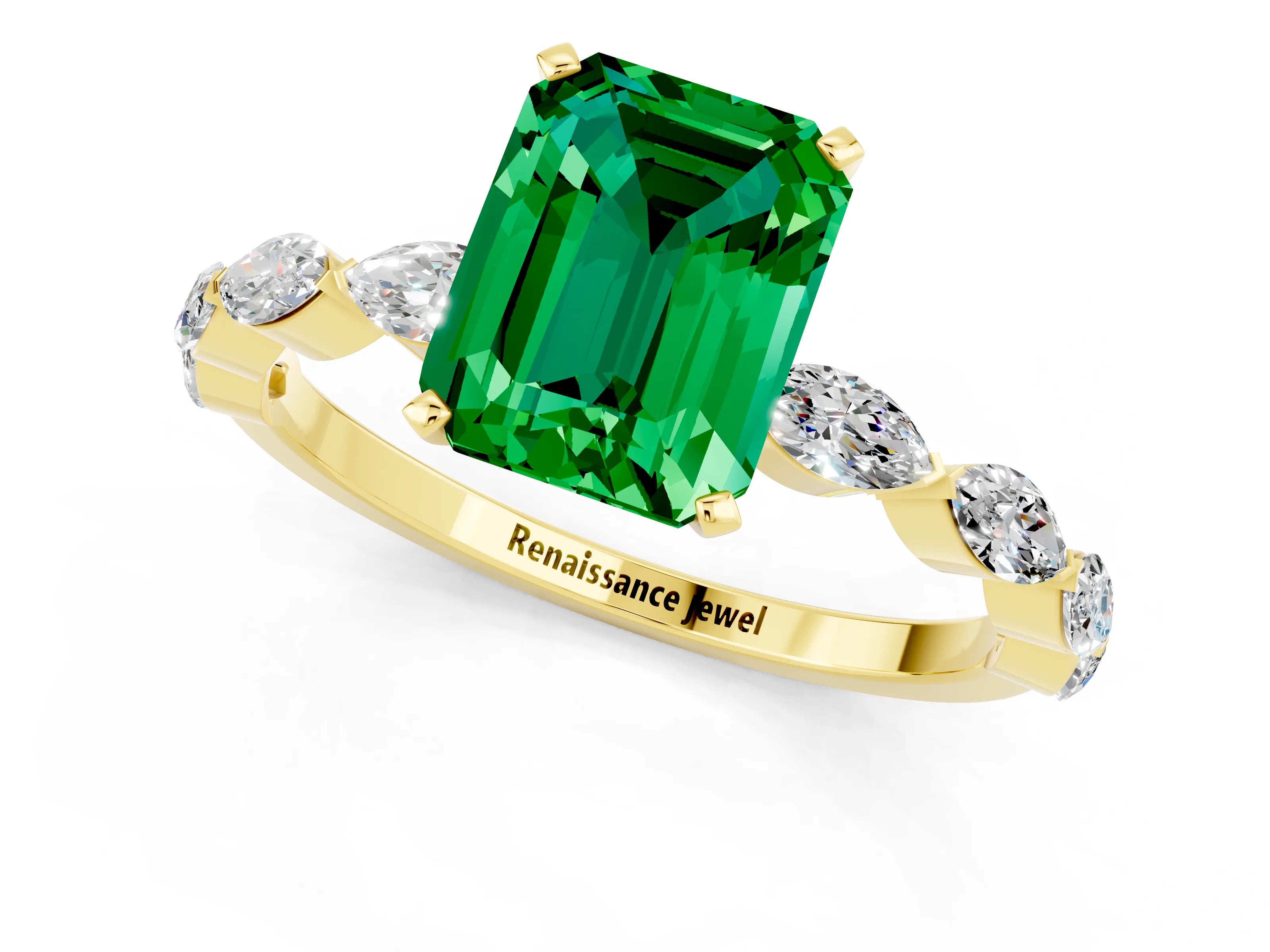 Yellow gold Emerald Cut Emerald Ring with Marquise Side Stones and Prong Setting_1