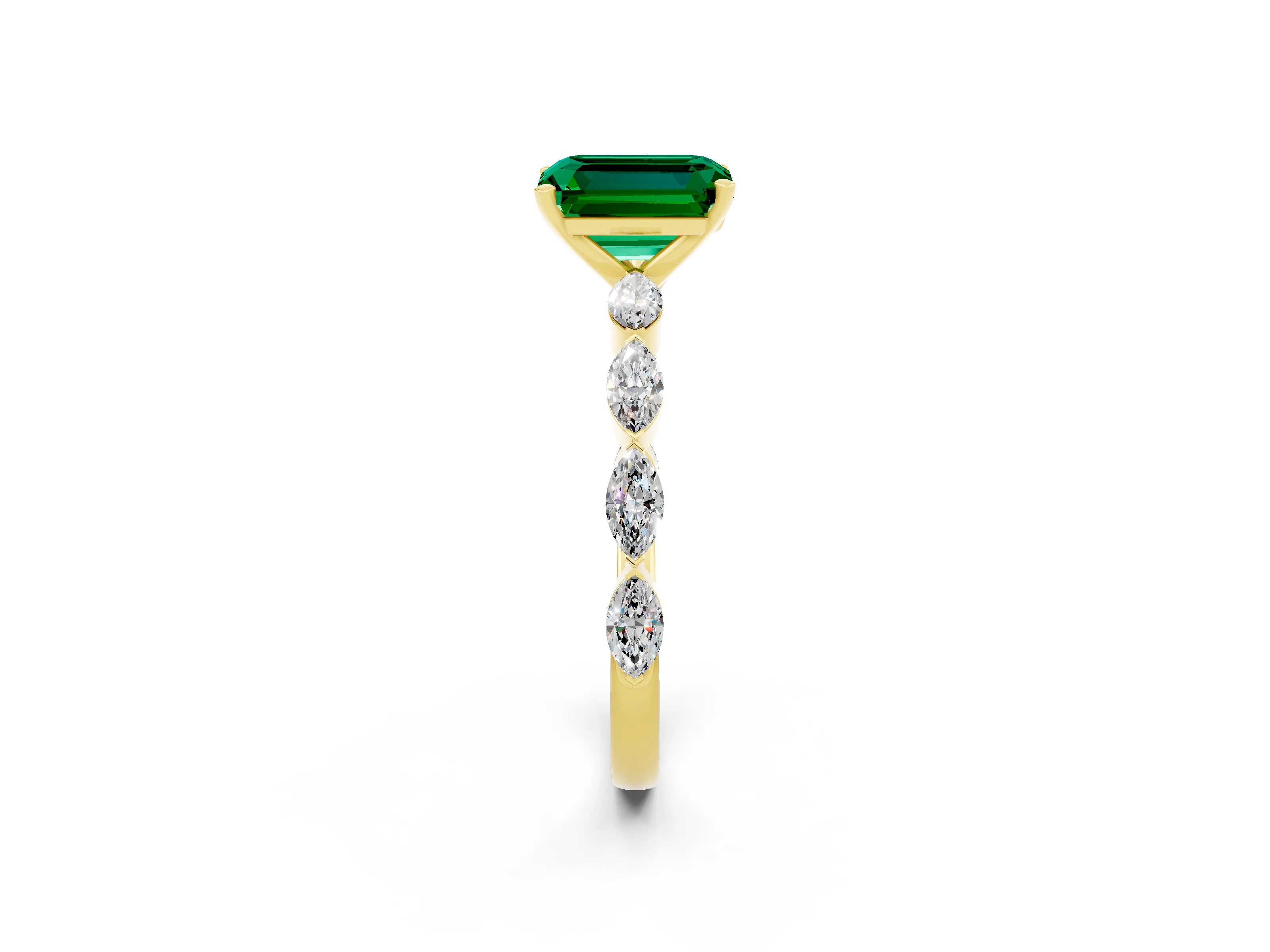 Yellow gold Emerald Cut Emerald Ring with Marquise Side Stones and Prong Setting_2