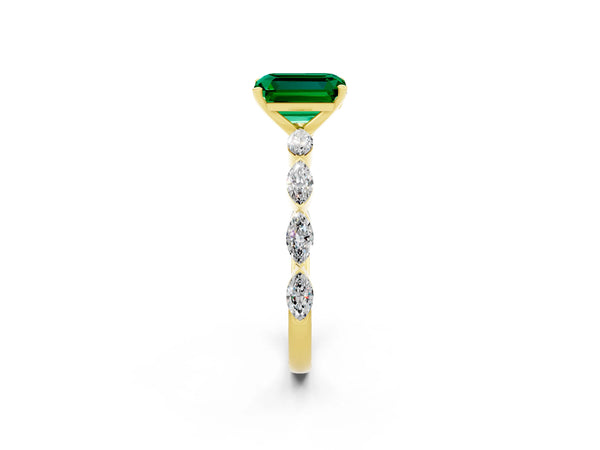 Yellow gold Emerald Cut Emerald Ring with Marquise Side Stones and Prong Setting