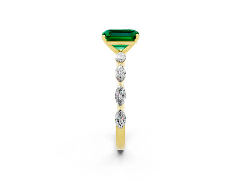 Yellow gold Emerald Cut Emerald Ring with Marquise Side Stones and Prong Setting_2