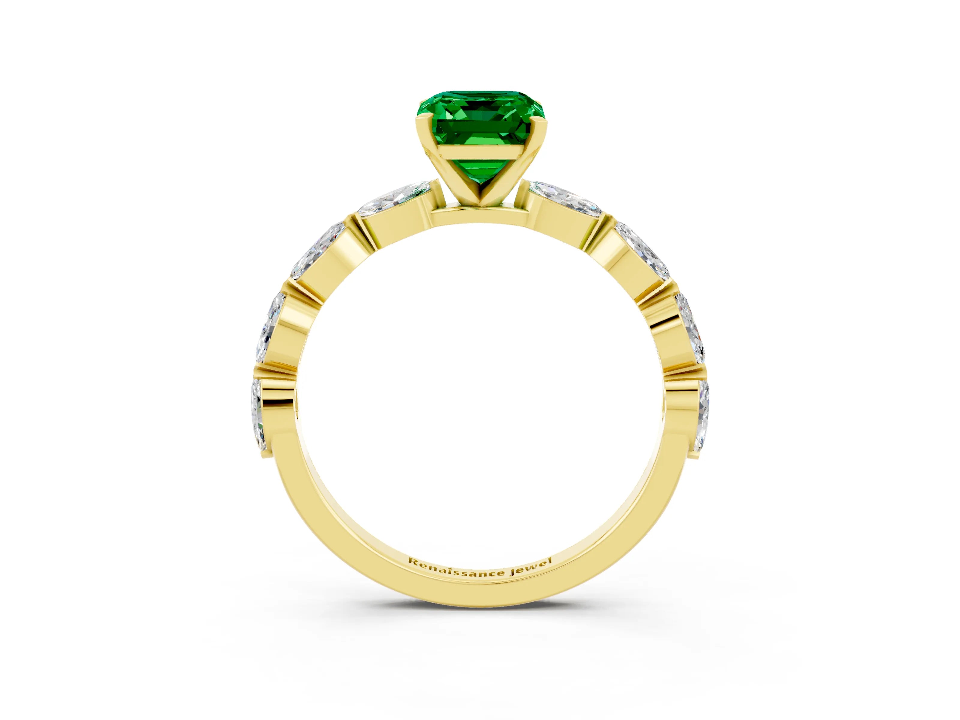 Yellow gold Emerald Cut Emerald Ring with Marquise Side Stones and Prong Setting_3