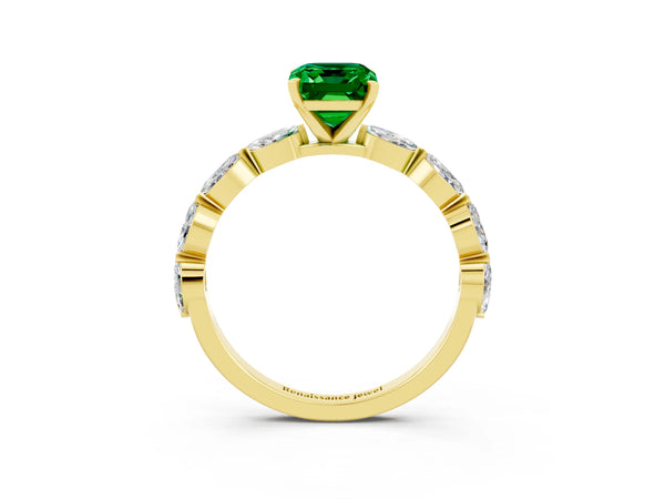 Yellow gold Emerald Cut Emerald Ring with Marquise Side Stones and Prong Setting
