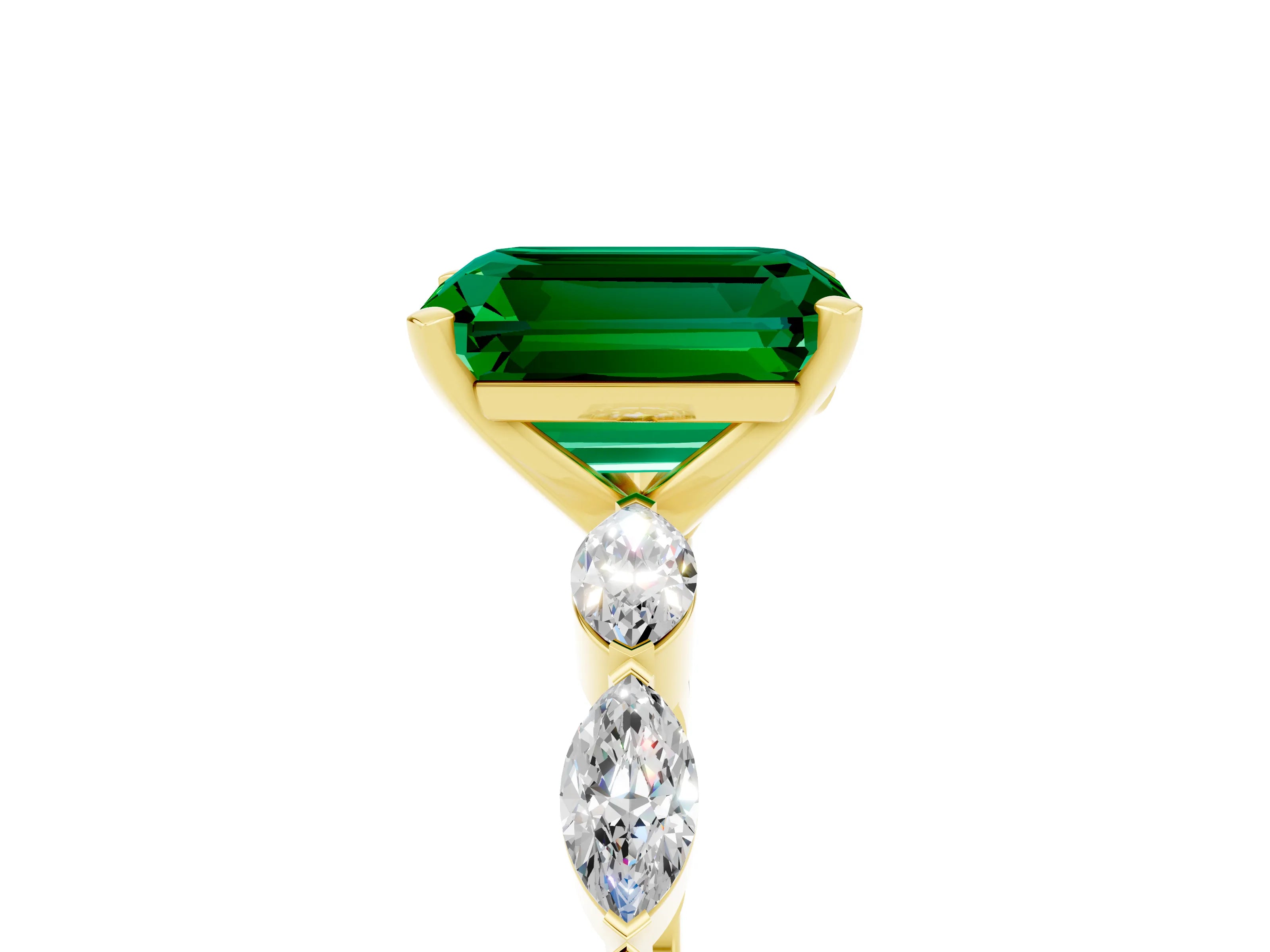 Yellow gold Emerald Cut Emerald Ring with Marquise Side Stones and Prong Setting_5