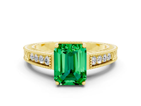 Yellow gold Emerald Cut Emerald Ring with Milgrain Pavé Band and Four-Prong Setting_12