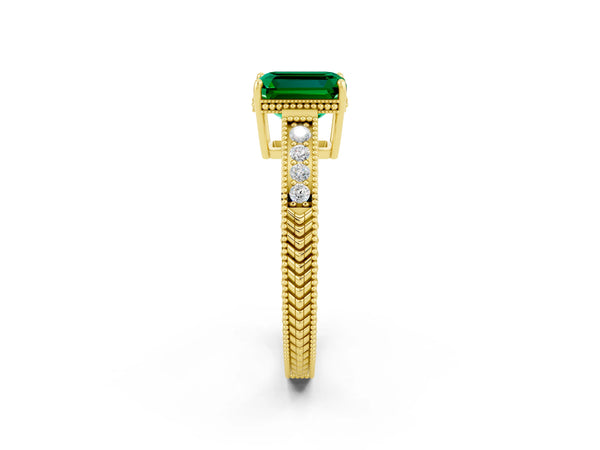 Yellow gold Emerald Cut Emerald Ring with Milgrain Pavé Band and Four-Prong Setting
