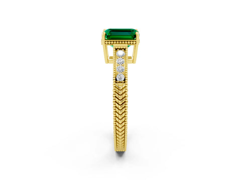 Yellow gold Emerald Cut Emerald Ring with Milgrain Pavé Band and Four-Prong Setting_14