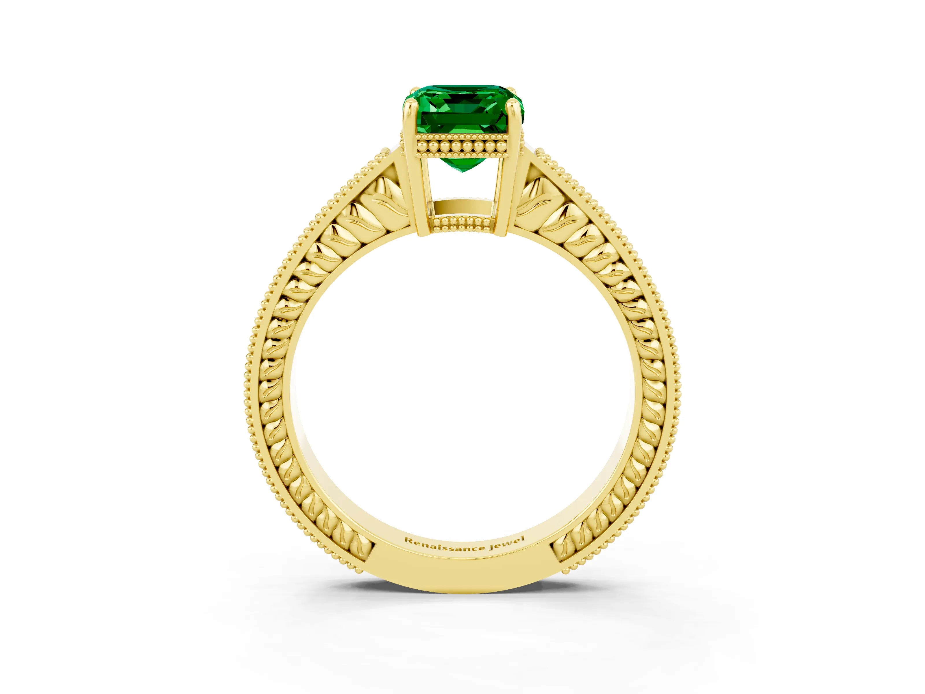 Yellow gold Emerald Cut Emerald Ring with Milgrain Pavé Band and Four-Prong Setting_15
