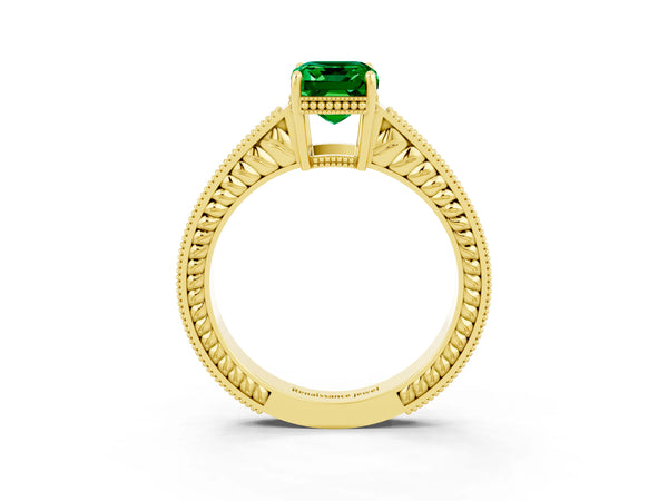Yellow gold Emerald Cut Emerald Ring with Milgrain Pavé Band and Four-Prong Setting