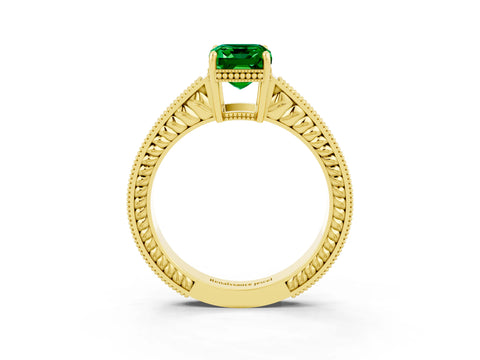Yellow gold Emerald Cut Emerald Ring with Milgrain Pavé Band and Four-Prong Setting_15