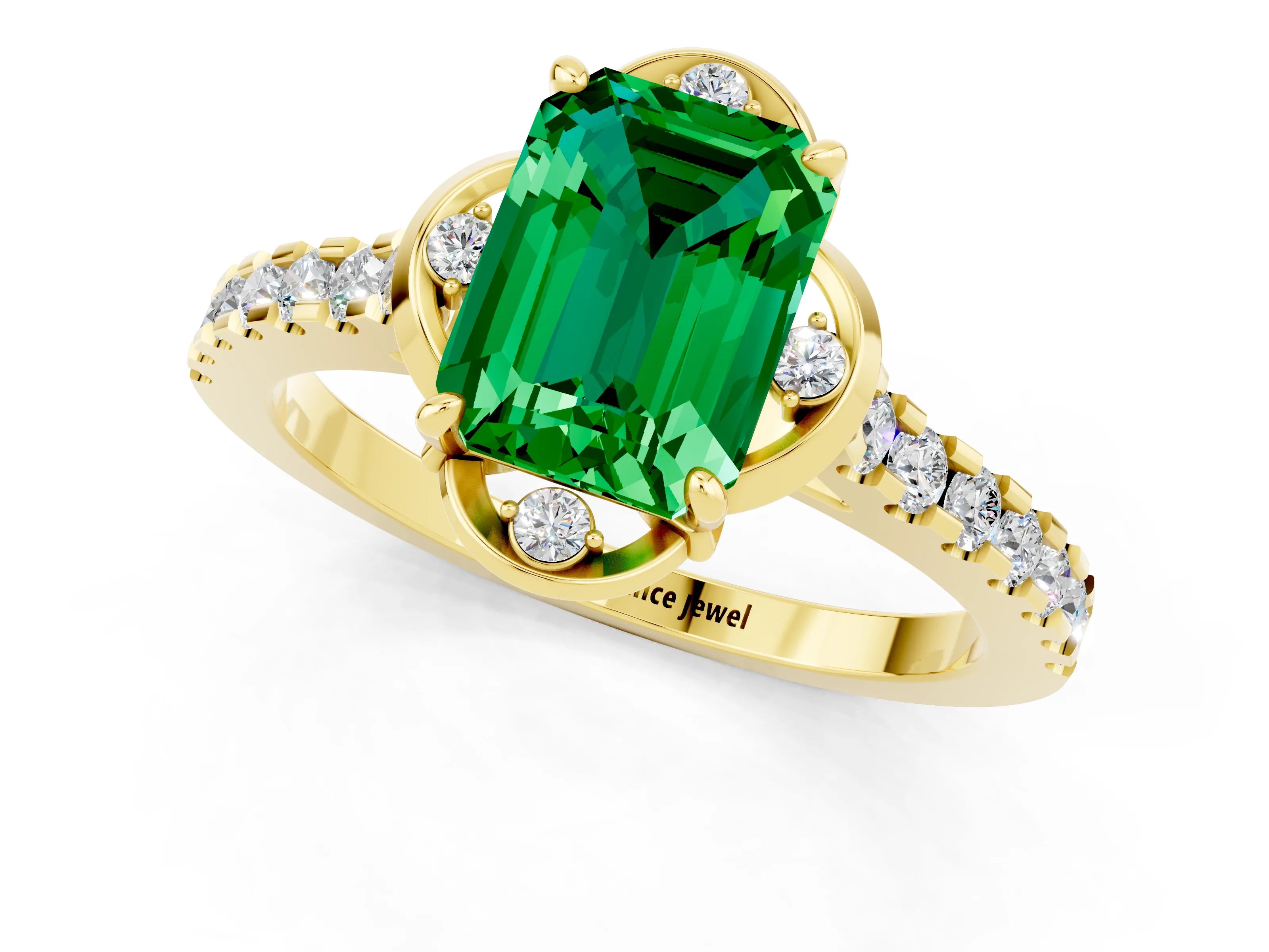 Yellow gold Emerald Cut Emerald Ring with Pavé Band and Floral Prong Setting_1